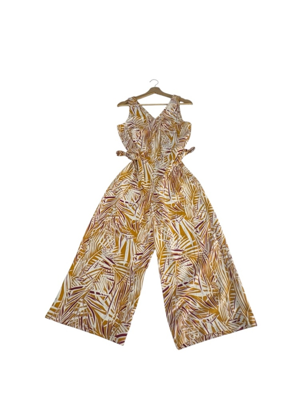 Dalia Tropical Palm Print Wide Leg Jumpsuit Tie Waist V Neck Resort S